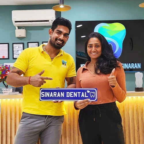 Smiling customer sharing dental treatment feedback